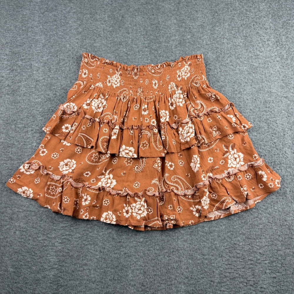 Aerie Rust Brown Paisley Floral Tiered Ruffle Mini Skirt Smocked Waist Small